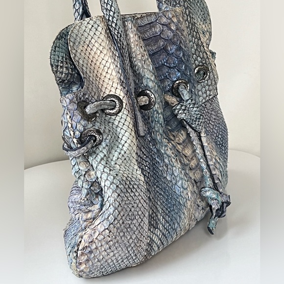 Large RETTA WOLFF Python Handbag Blues and Grays Snakeskin Bag Rare Made in USA - Picture 10 of 16